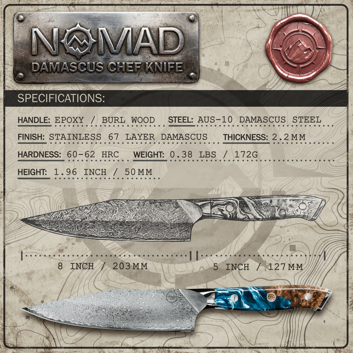 Nomad Damascus 8" Chef Knife